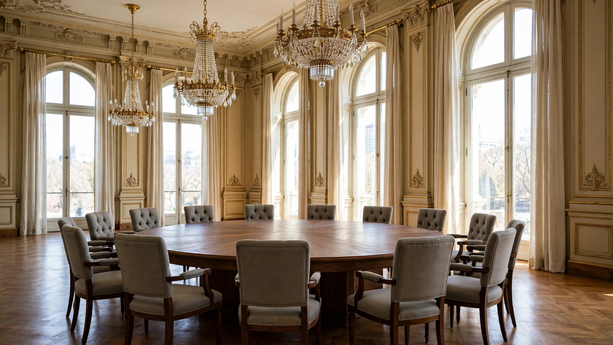 An empty ornate meeting room with a large round conference table, empty chairs and chandeliers.
