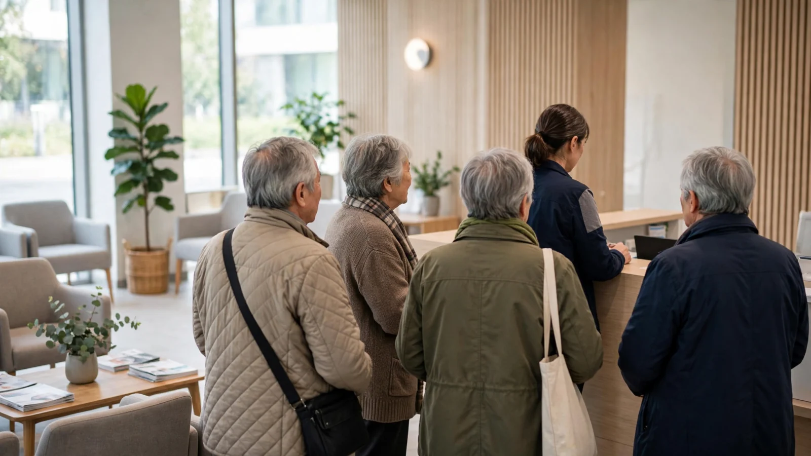 Several older adults with gray hair stand at a light wood reception desk in a bright modern clinic waiting area with chairs and plants.