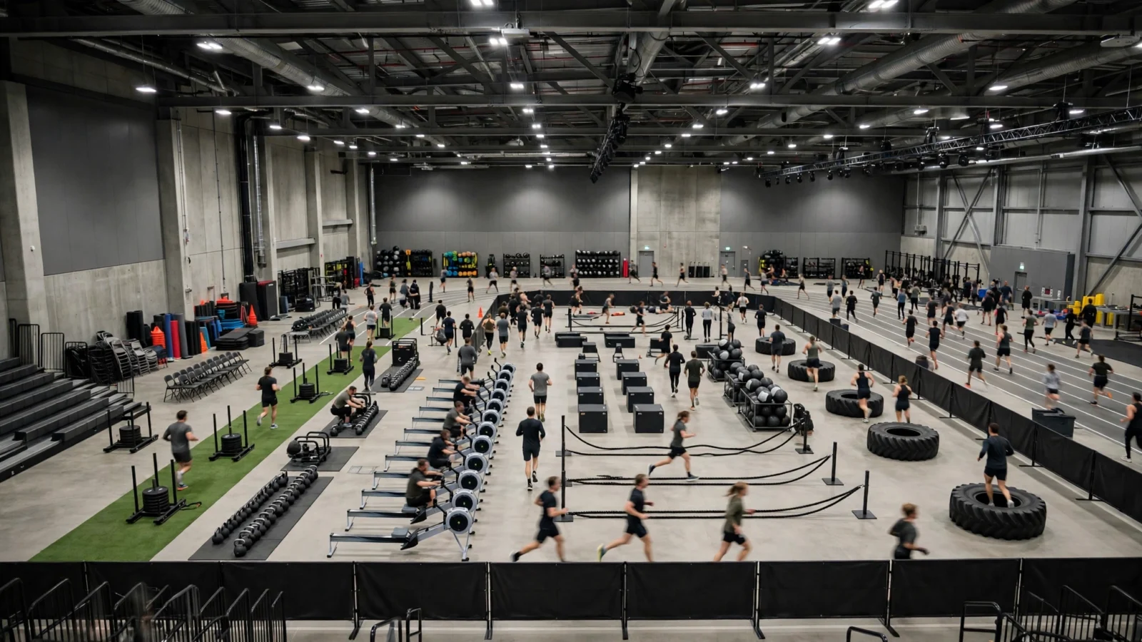 Athletes running and using workout stations in a large indoor fitness arena
