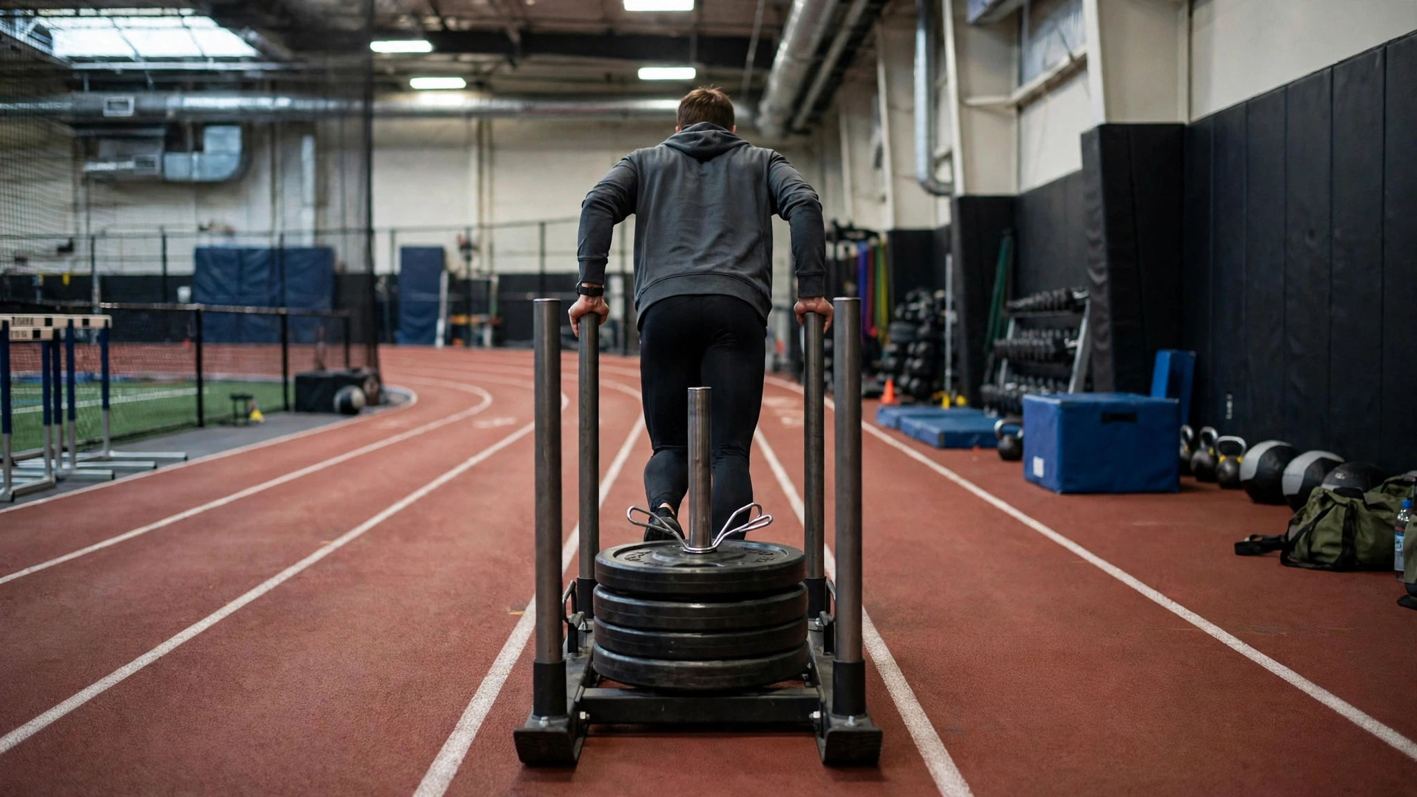 An athlete pushing a weighted sled on an indoor track