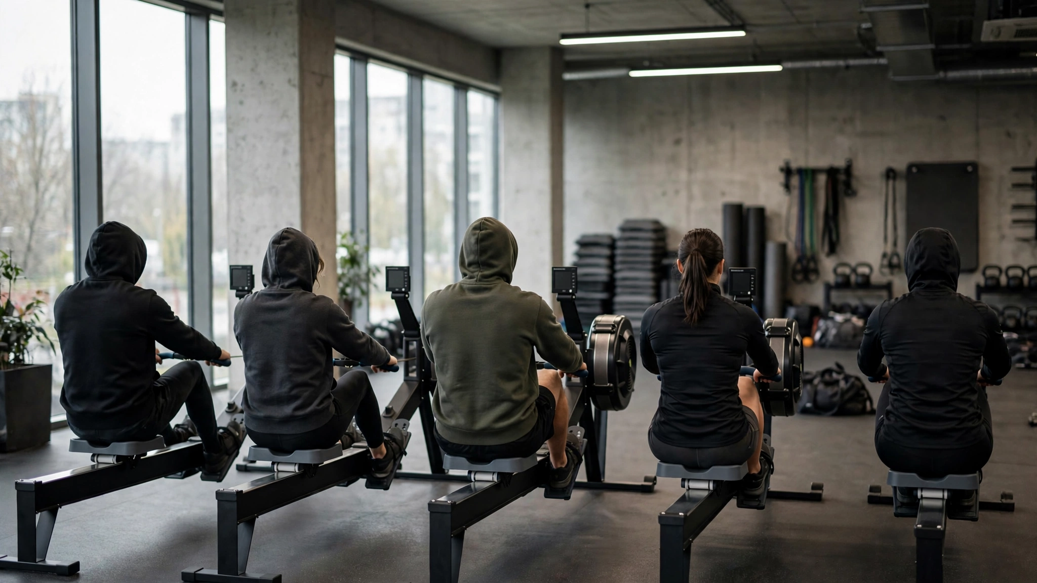Five people using rowing machines in a gym