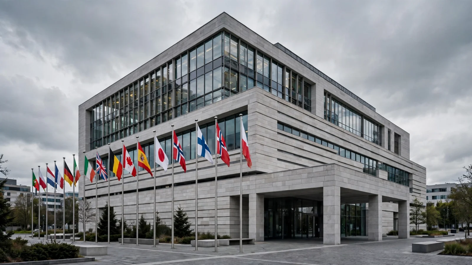 Exterior of a modern stone and glass courthouse building with national flags lined up in front under an overcast sky