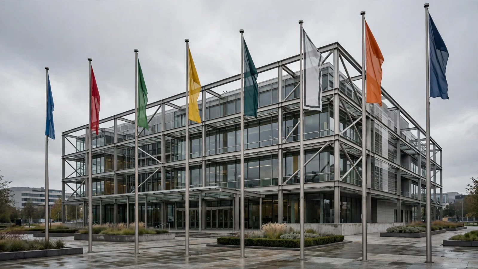 Exterior of a modern glass-and-steel international courthouse building with a row of plain colored flagpoles in front under an overcast sky.