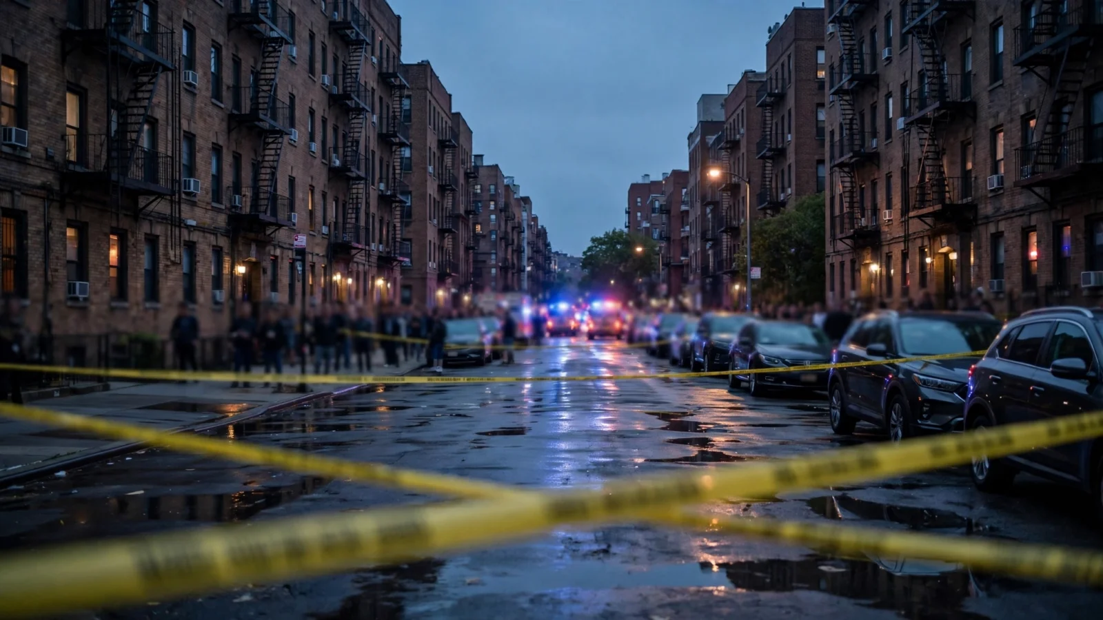 A city residential street in the Bronx at dusk blocked by yellow police tape, with brick apartment buildings, parked cars and distant emergency lights reflecting on wet pavement.
