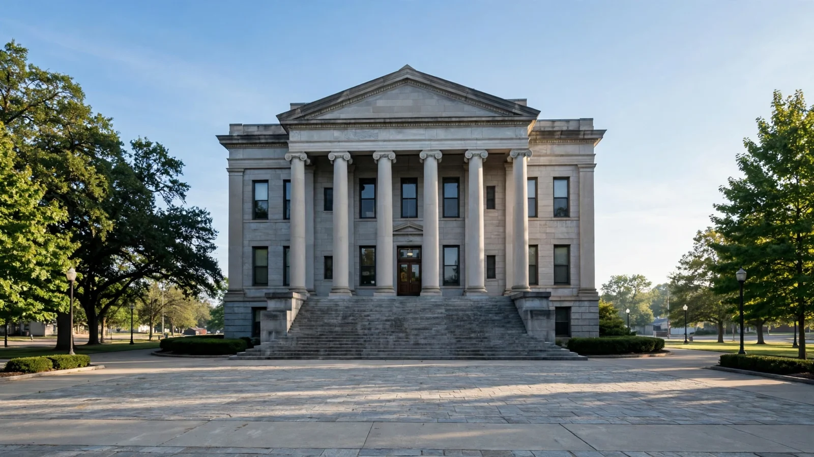 A stone county courthouse building with tall columns and a wide set of steps under a clear sky