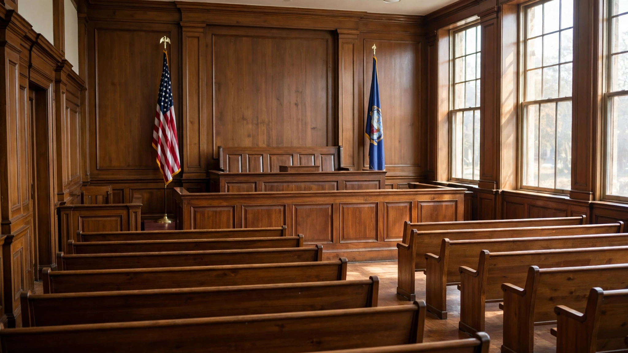 An empty courtroom interior with wooden benches, a judge bench and flags beside tall windows