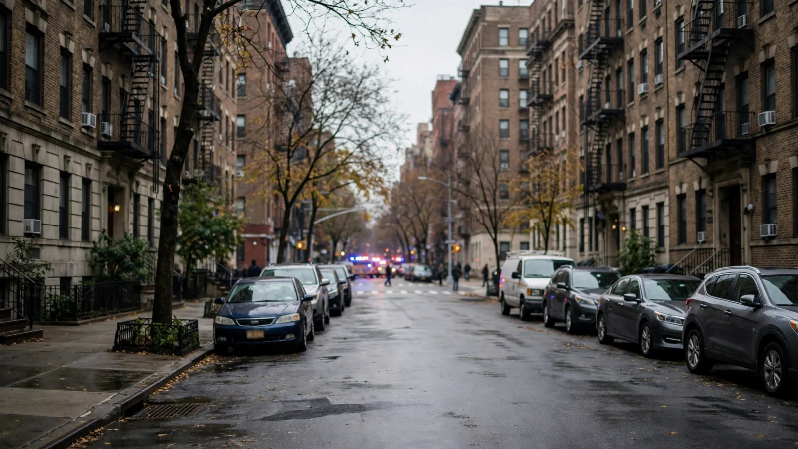 A wet residential street lined with brick apartment buildings and parked cars in northern Manhattan, with distant emergency vehicle lights out of focus.