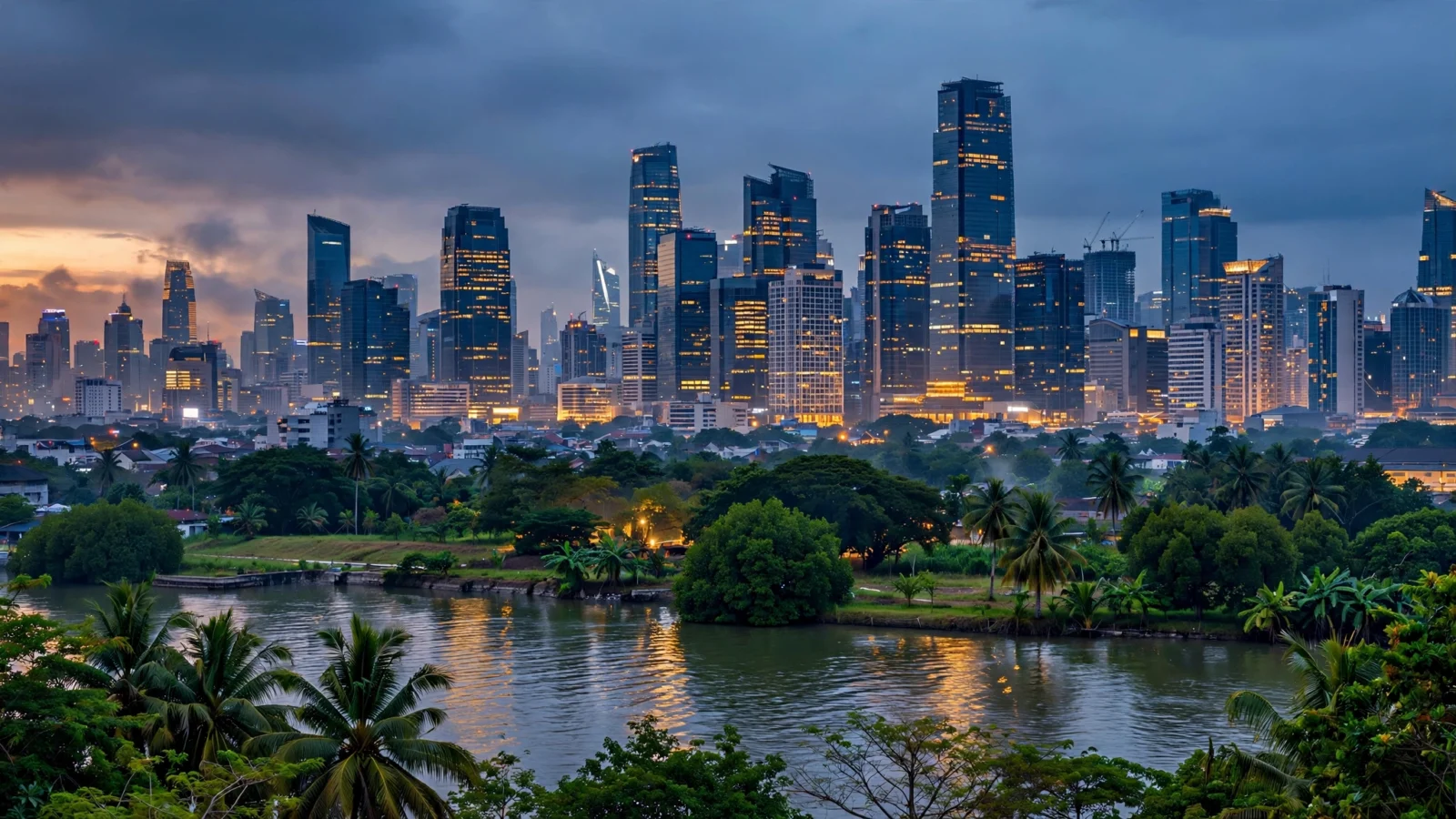 The Jakarta skyline at dusk with modern skyscrapers and city lights