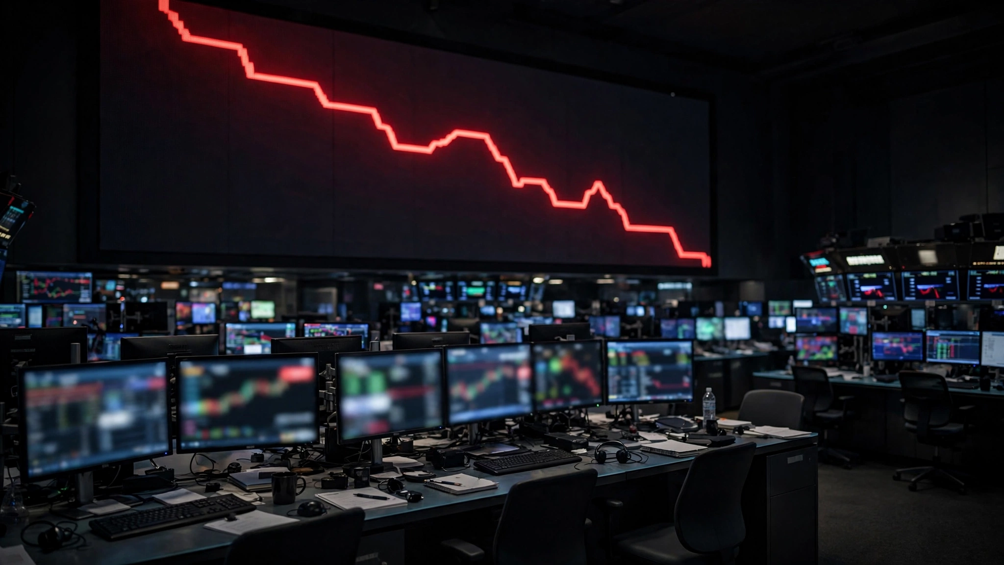A stock exchange trading floor with a large red downward-trending chart on a wall monitor