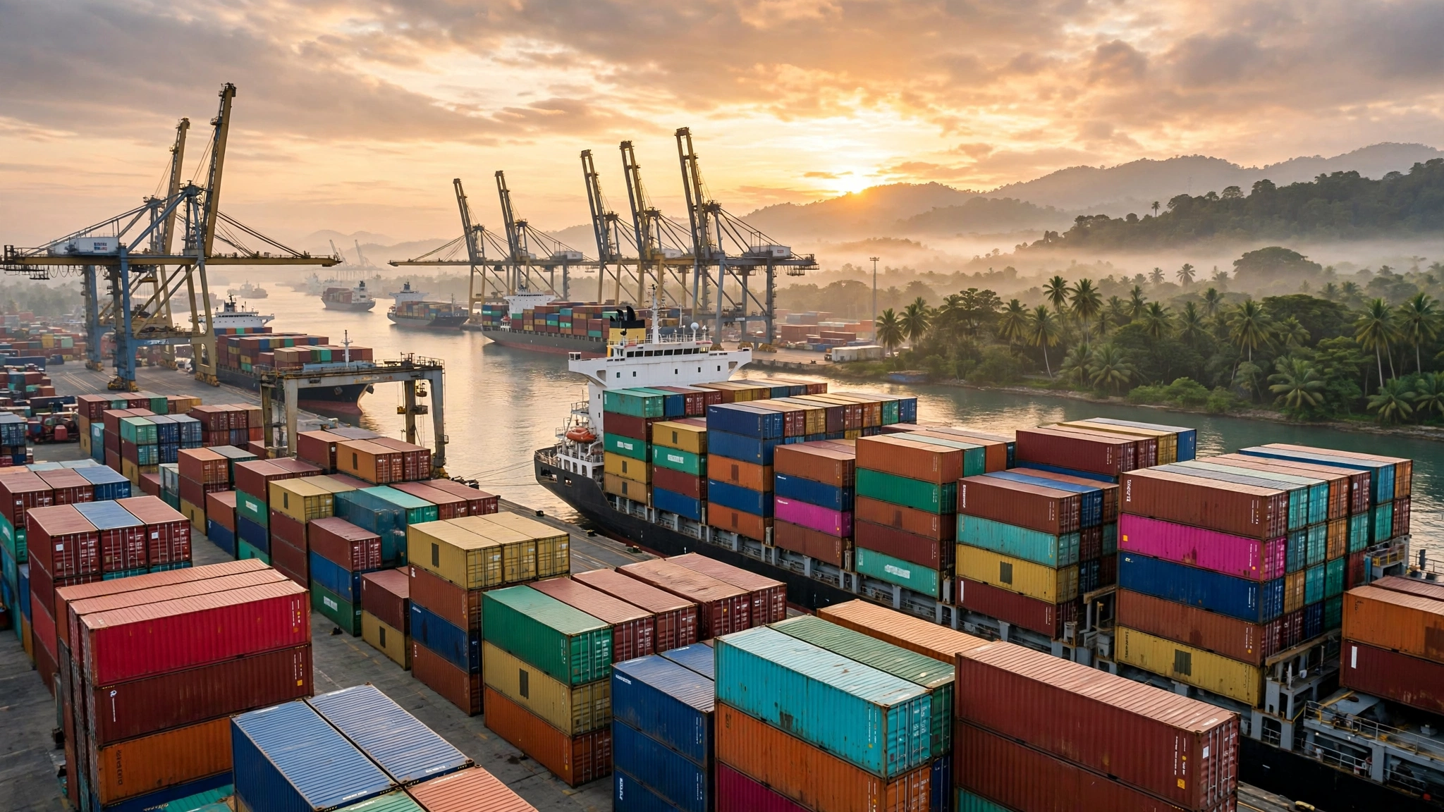 A container ship and stacked cargo containers at a seaport at sunrise