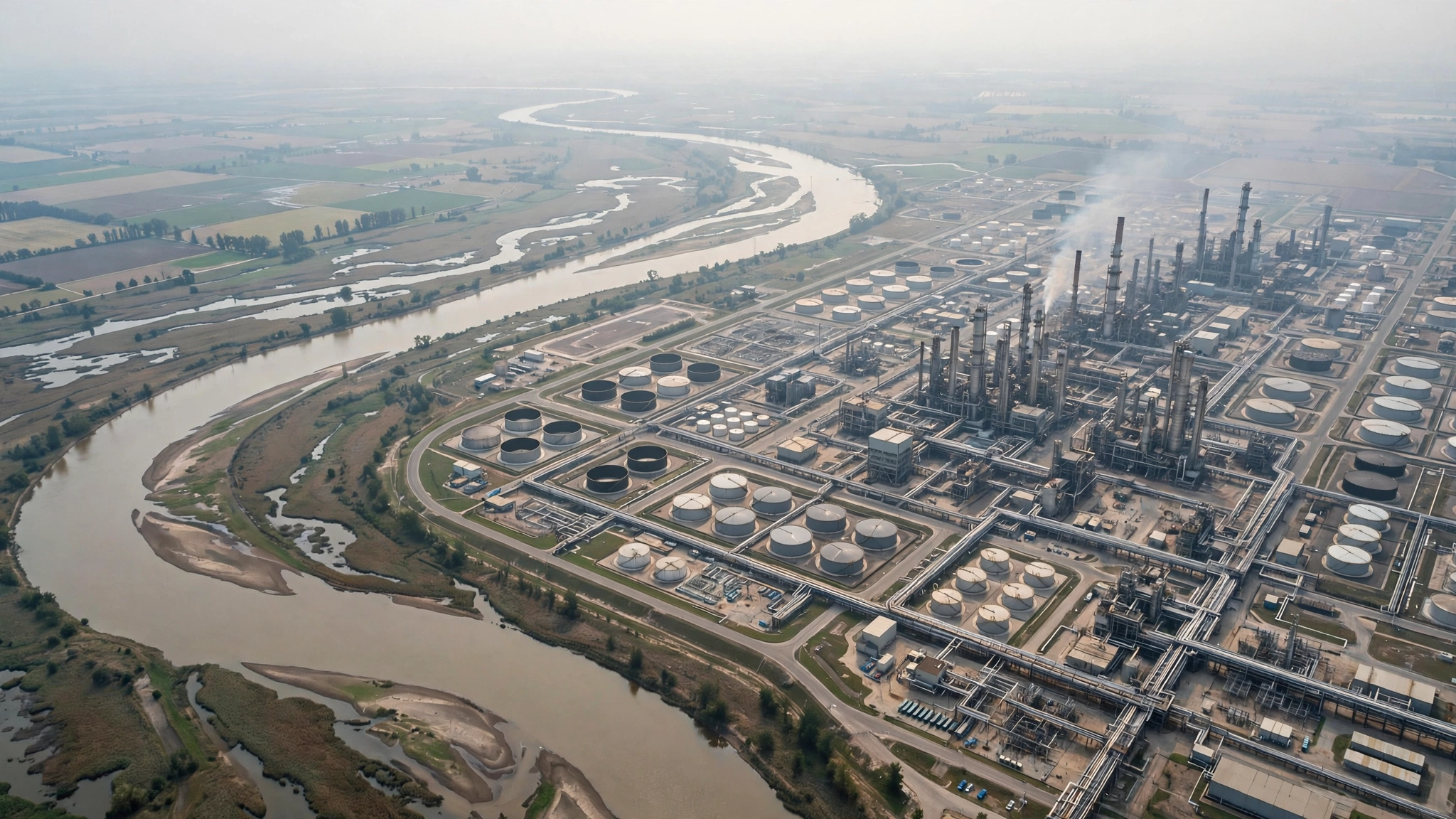 Aerial view of a large oil processing plant with storage tanks, towers and pipelines beside a winding river