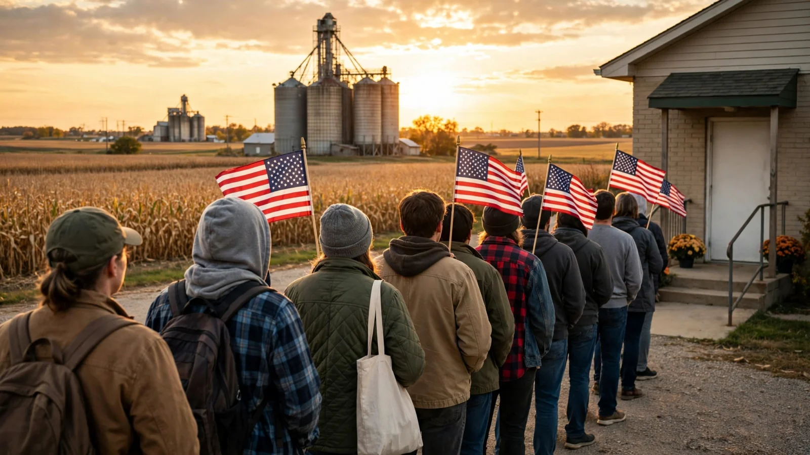 Voters seen from behind in line outside a small rural building with American flags, cornfields and grain silos at sunset