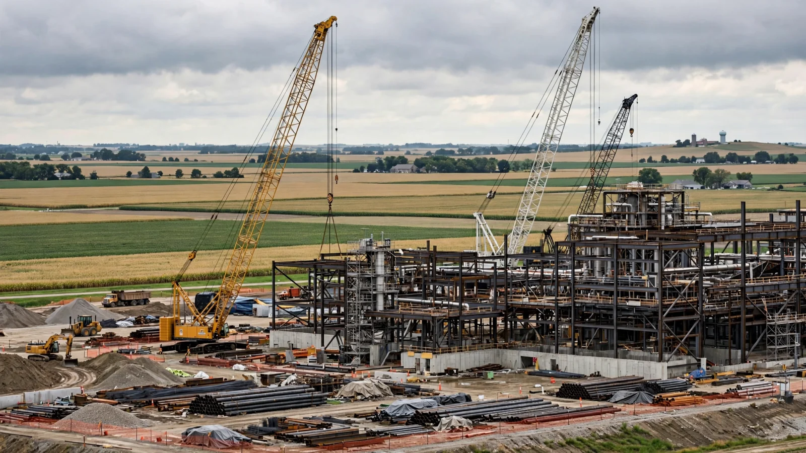 Construction cranes and steel framework rising on farmland at an industrial building site under cloudy skies