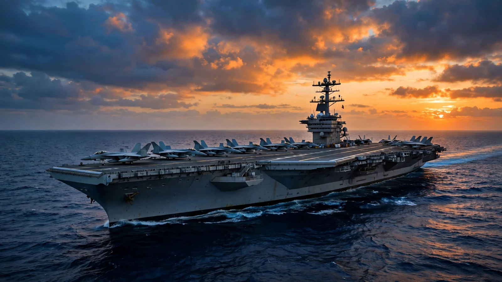 An aircraft carrier with fighter jets parked on its flight deck sails on open ocean under an orange sunset sky.