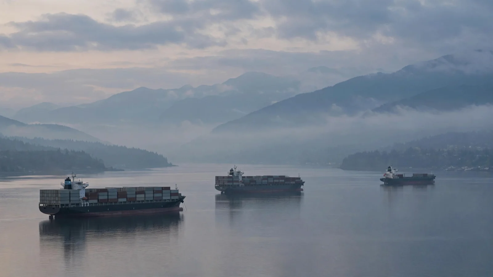 Three container ships at anchor in a calm, misty strait at dusk, with forested hills and low clouds in the background.