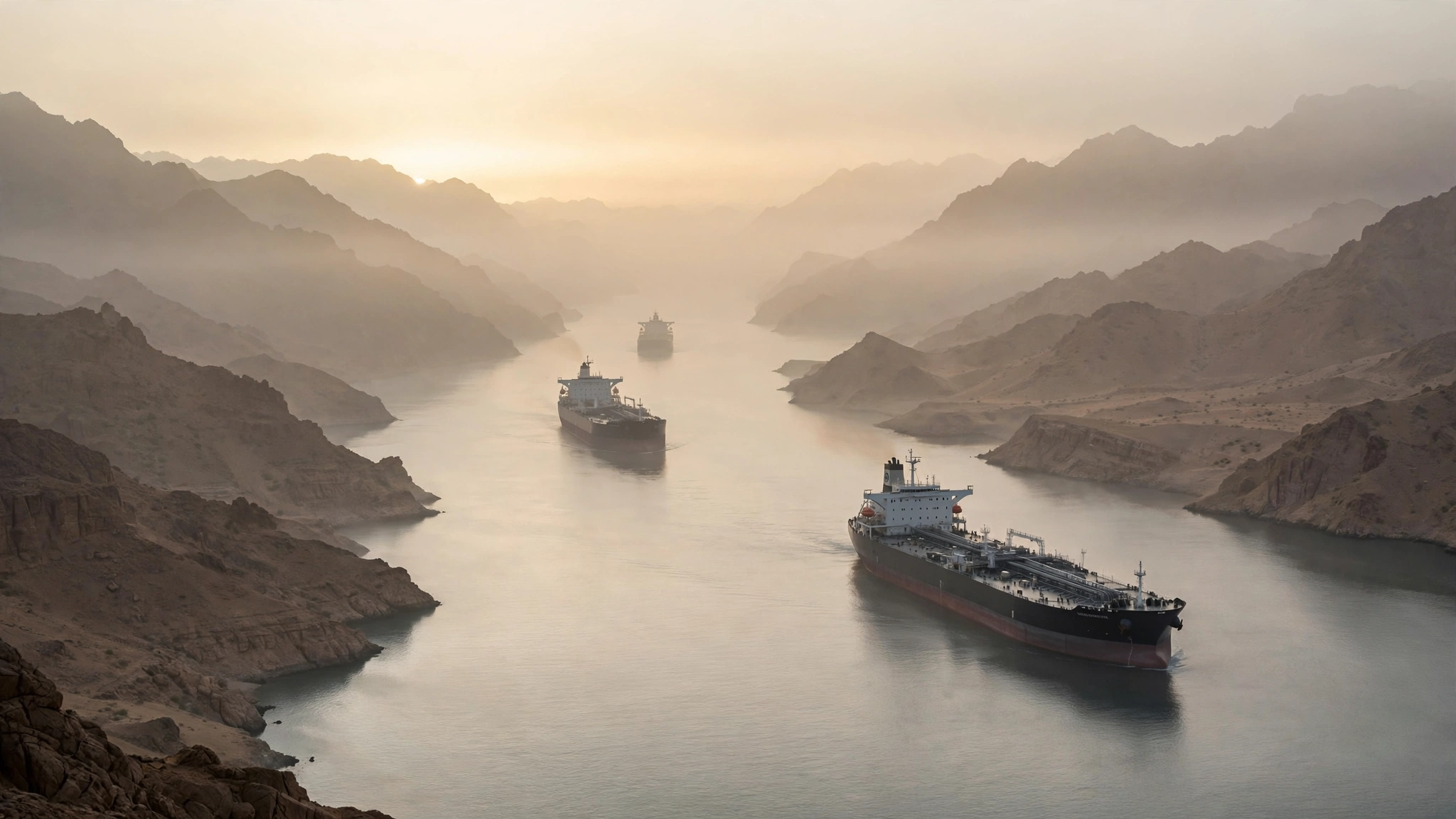 Three large oil tankers sail in a line through a narrow waterway between arid mountains in hazy morning light.
