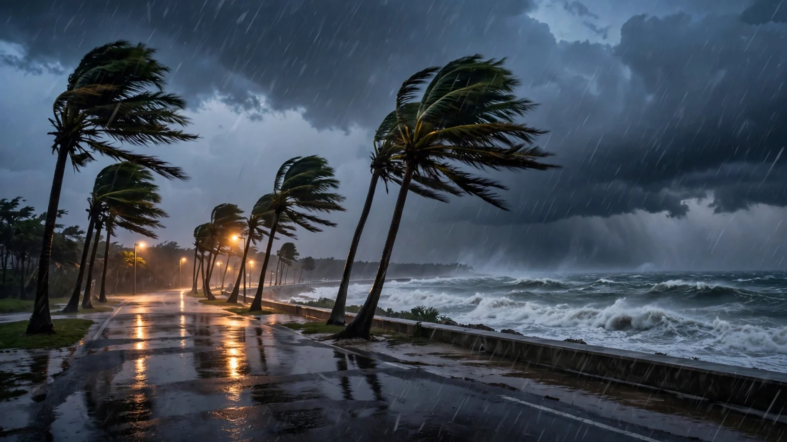 Palm trees bend in heavy wind and rain along a wet coastal road as rough surf pounds a seawall under dark storm clouds.