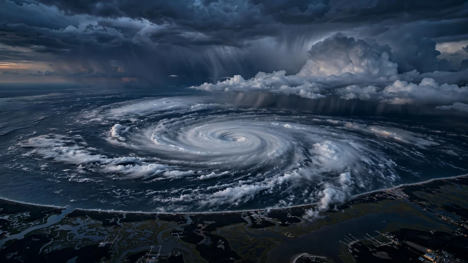 A large hurricane with a well-defined spiral swirling over dark ocean waters as it approaches a coastal shoreline under heavy storm clouds at dusk.