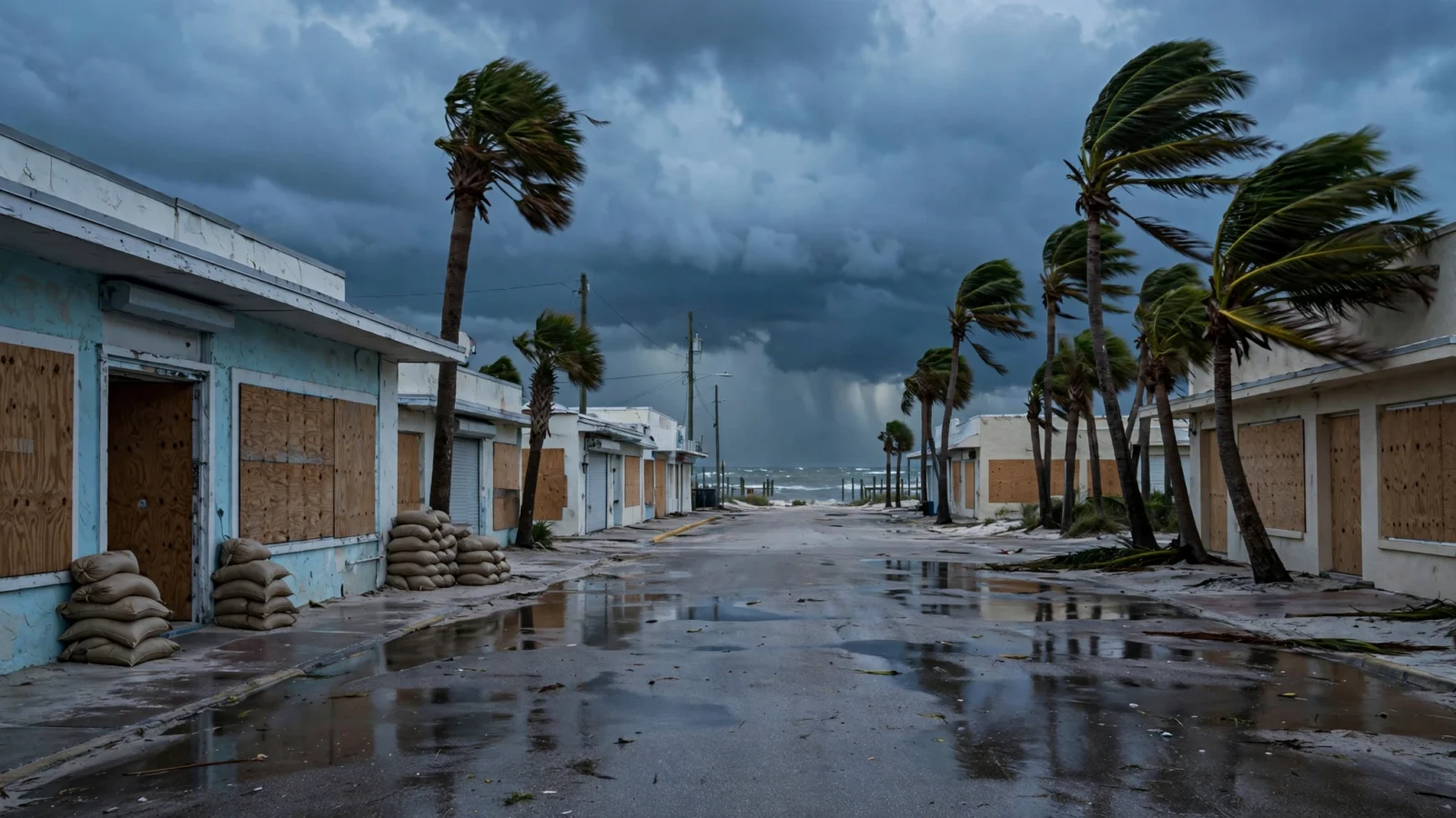 A deserted Gulf Coast street at dawn with boarded-up storefronts, stacked sandbags and palm trees bending in strong wind under dark storm clouds, wet pavement reflecting the sky.