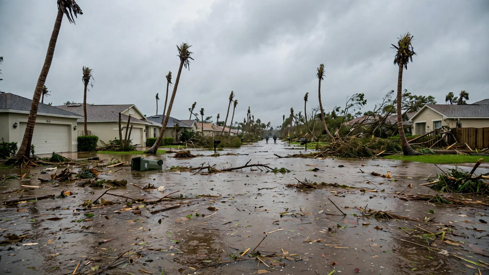 A flooded residential street in Florida with scattered fallen-tree debris and wind-bent palm trees after Hurricane Isaias