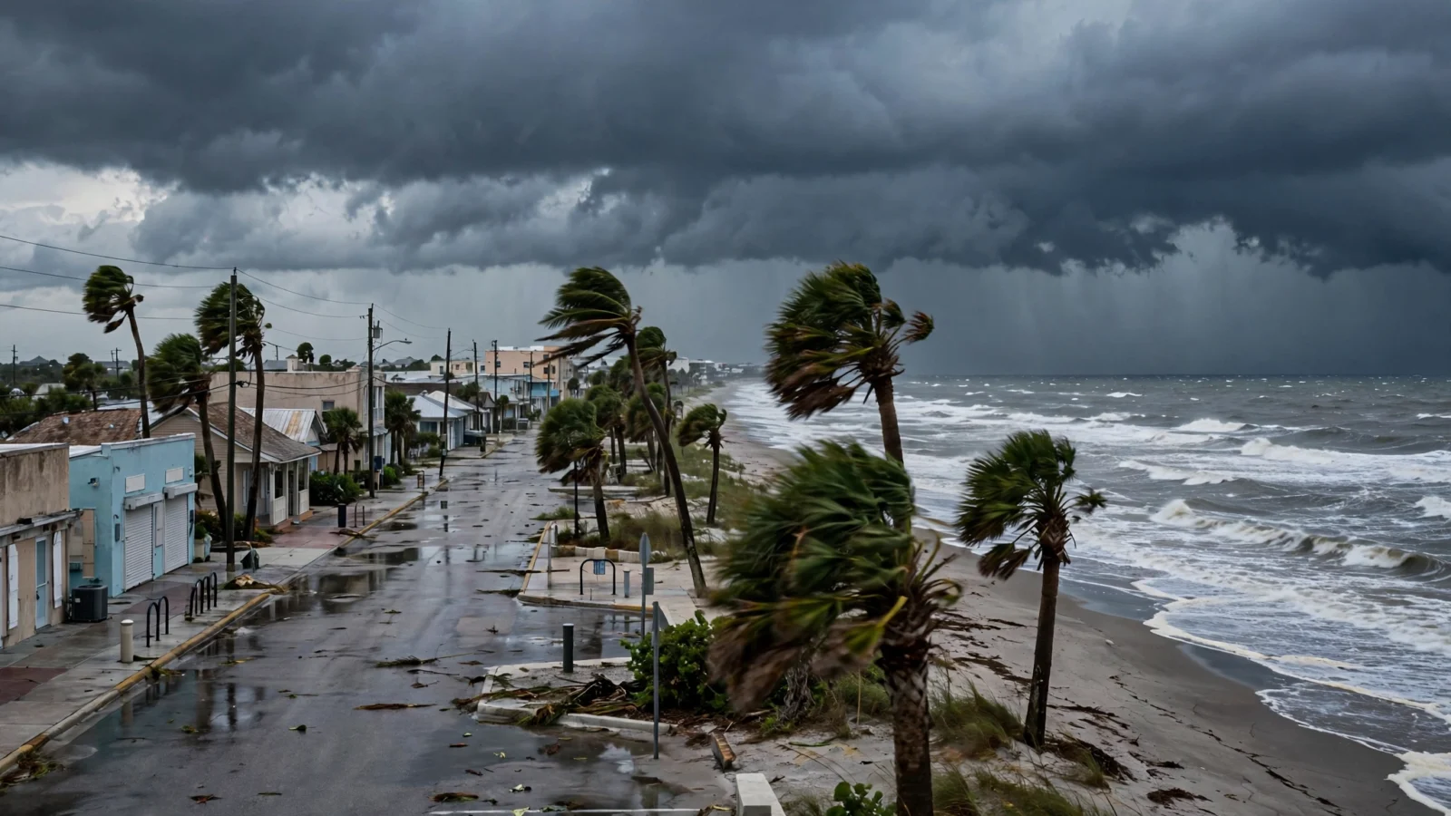 A Gulf Coast beach town street lined with palm trees bending in strong wind under dark storm clouds beside rough surf