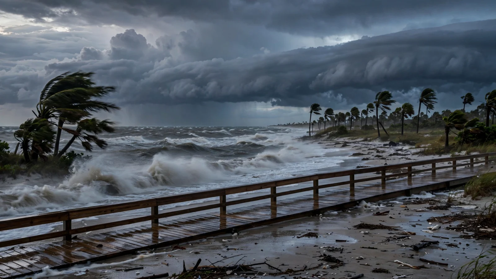 Dark storm clouds over a Gulf Coast beach with rough waves, bending palm trees and a wet wooden boardwalk