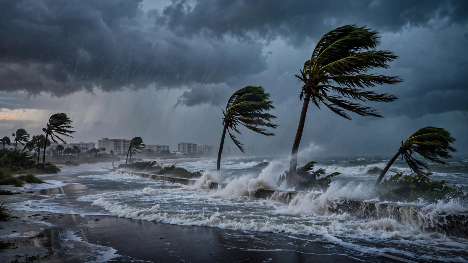 Storm surge waves crash over a coastal road on the Florida Panhandle as palm trees bend in hurricane-force winds and heavy rain under dark clouds.