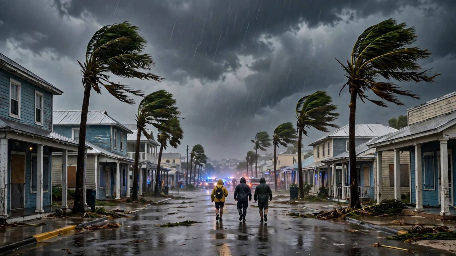 A rain-slick street lined with blue coastal houses and palm trees bending sharply in strong wind under dark storm clouds, with three anonymous figures in rain gear walking away.