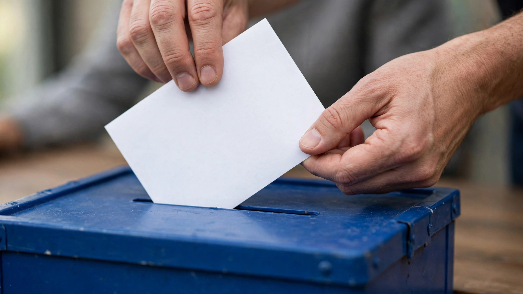 Hands placing a blank white ballot paper into a blue ballot box