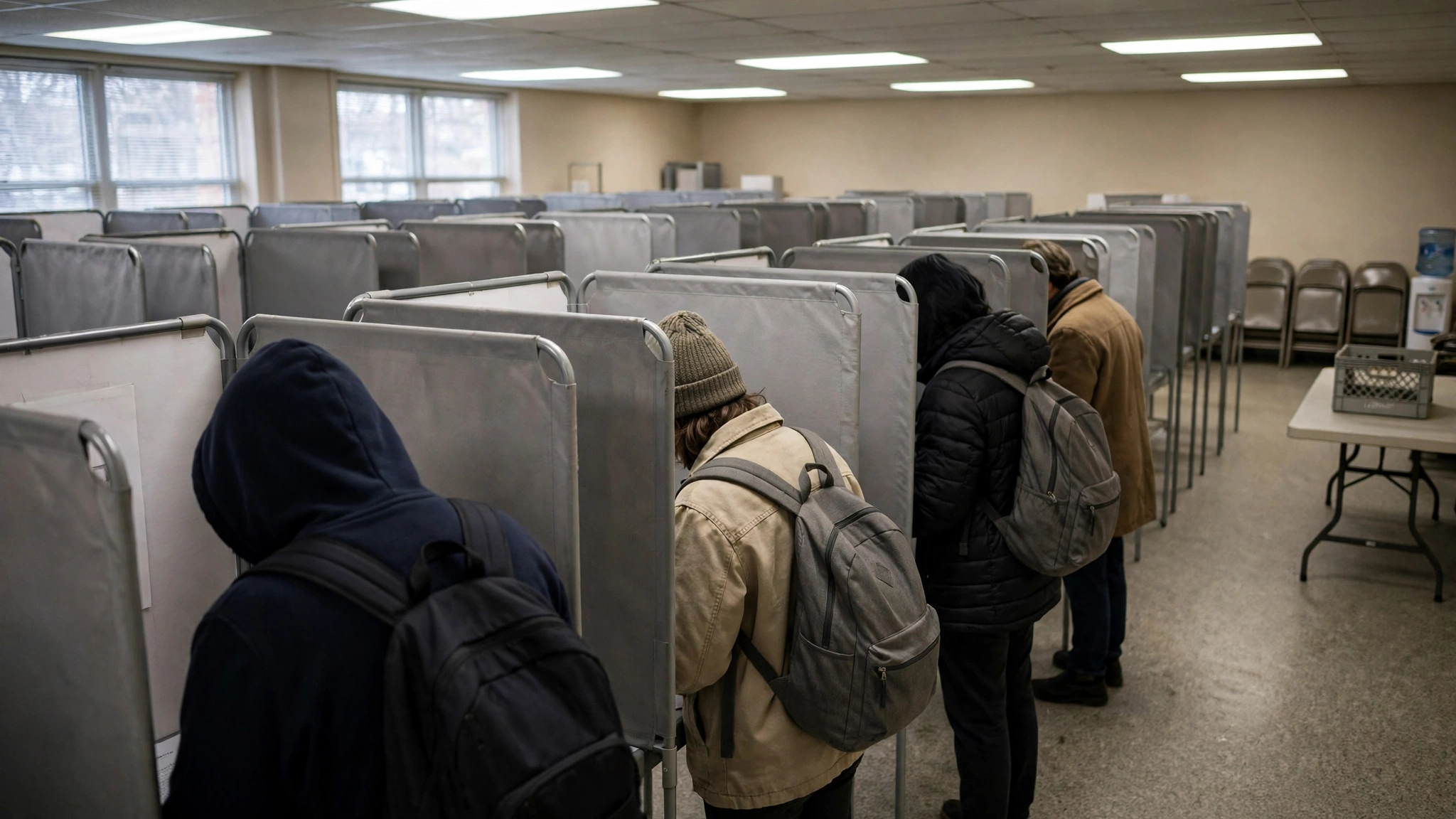 Voters standing at gray privacy booths inside a polling station