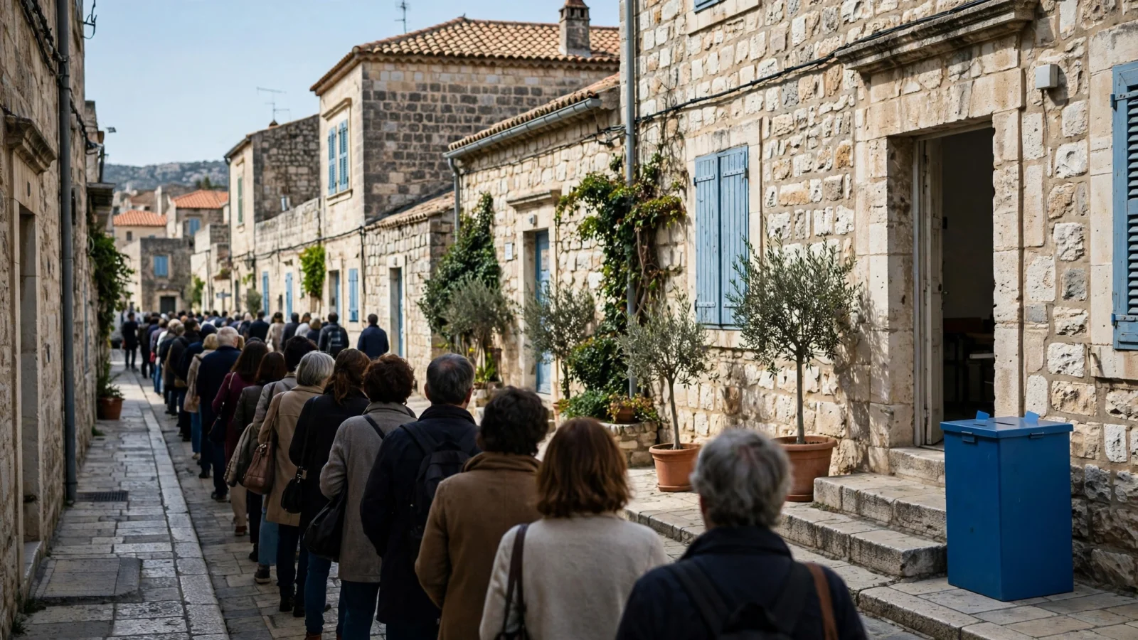 A line of people waiting outside a stone building with a blue ballot box by the entrance