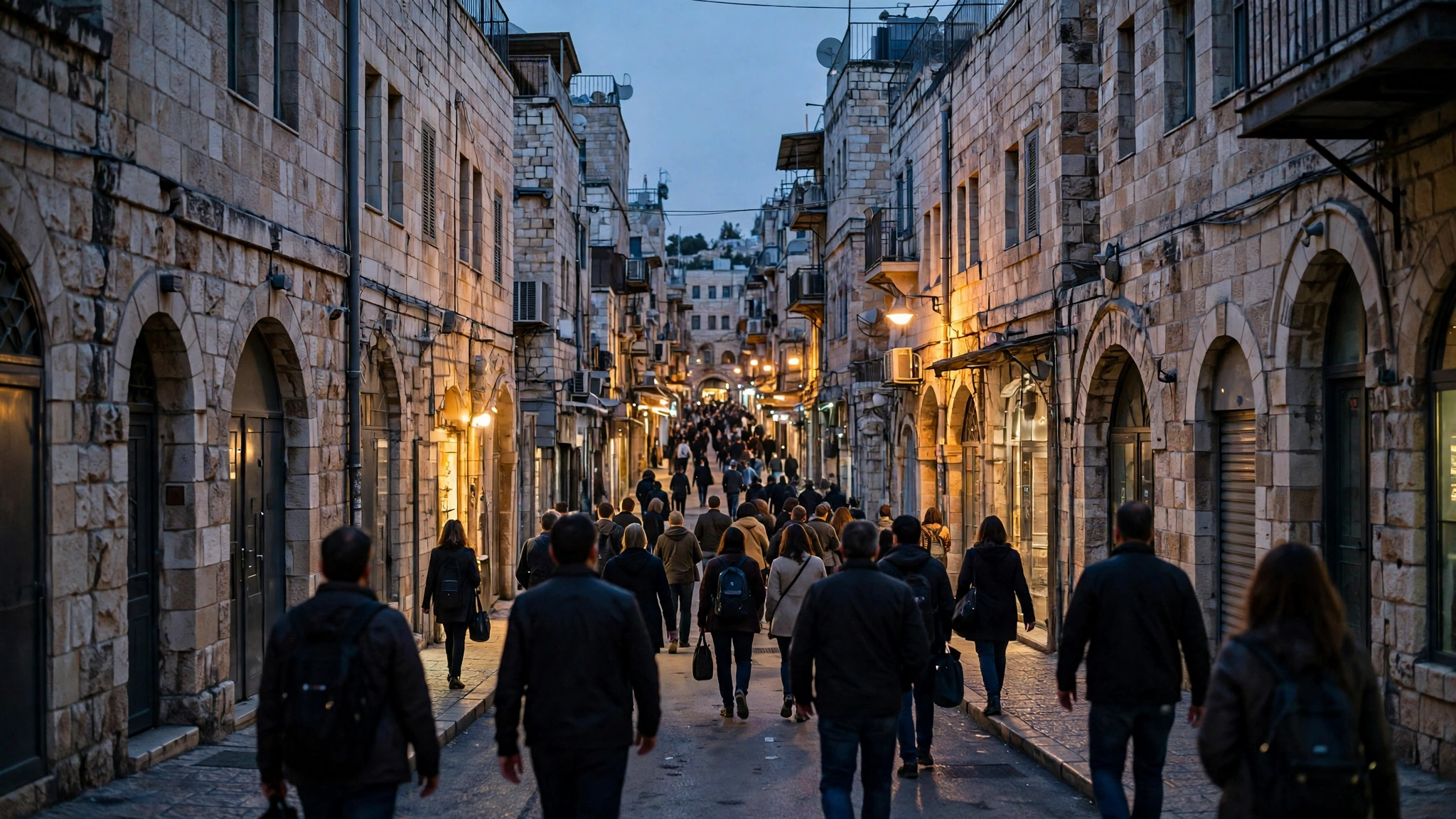 People walking along a stone street lined with limestone buildings at dusk
