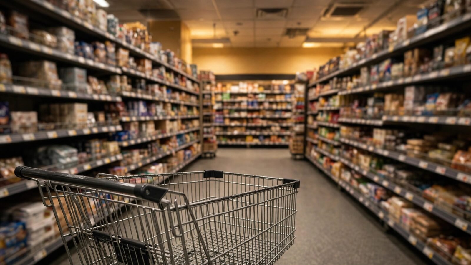A shopping cart in a supermarket aisle lined with stocked shelves