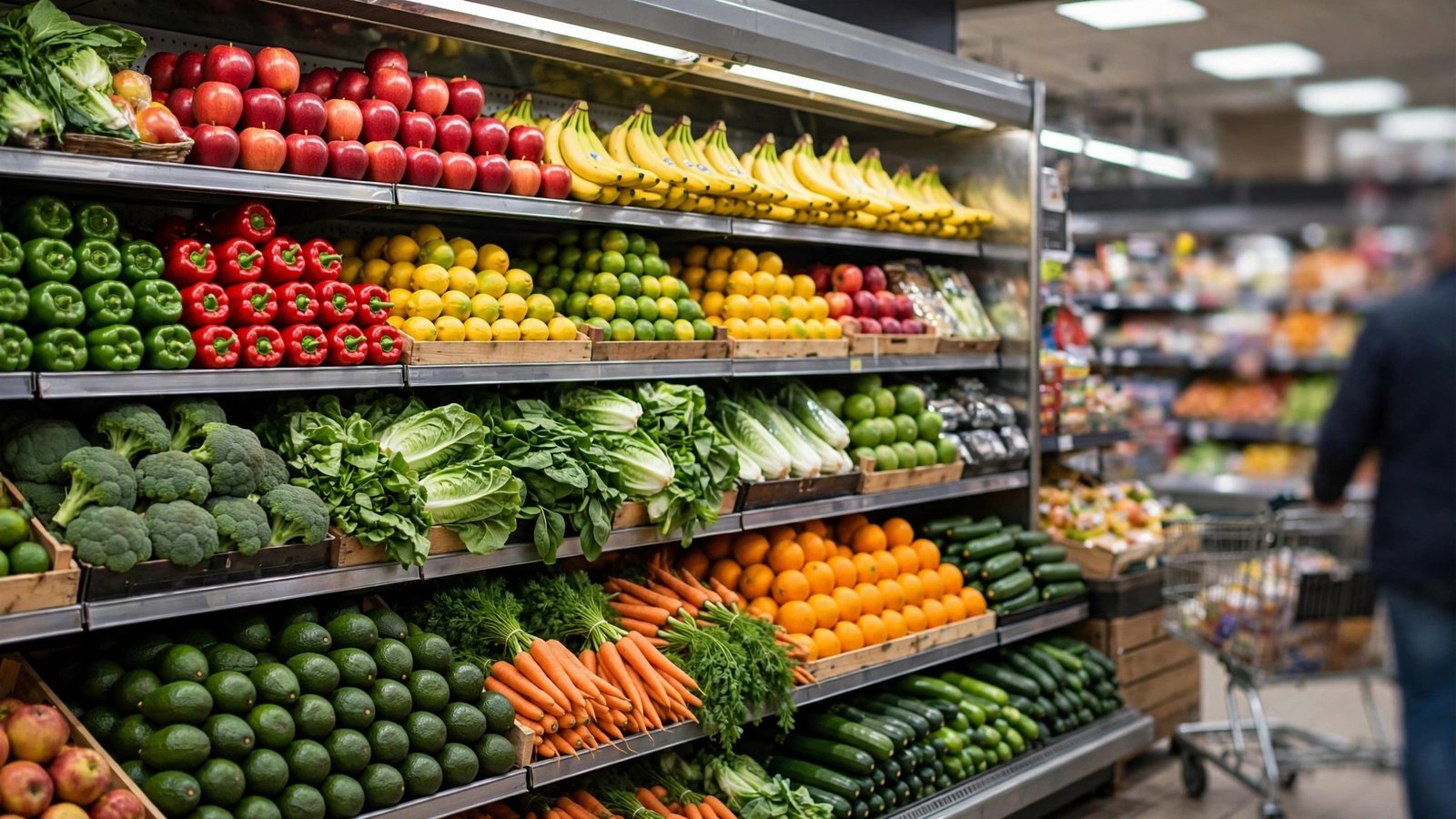 Shelves of fresh produce including apples, bananas, peppers, carrots, and leafy greens in a supermarket