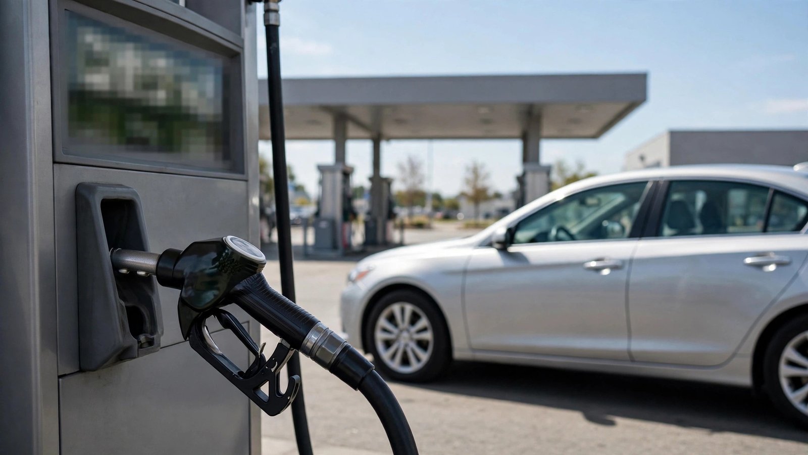 A fuel pump nozzle in the foreground with a silver sedan beside it at a gas station