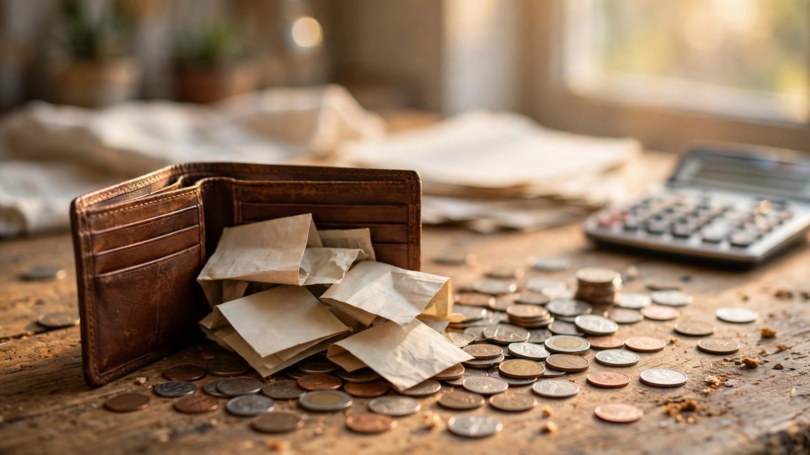 An open brown leather wallet with paper bills and coins spilling onto a wooden table next to a calculator