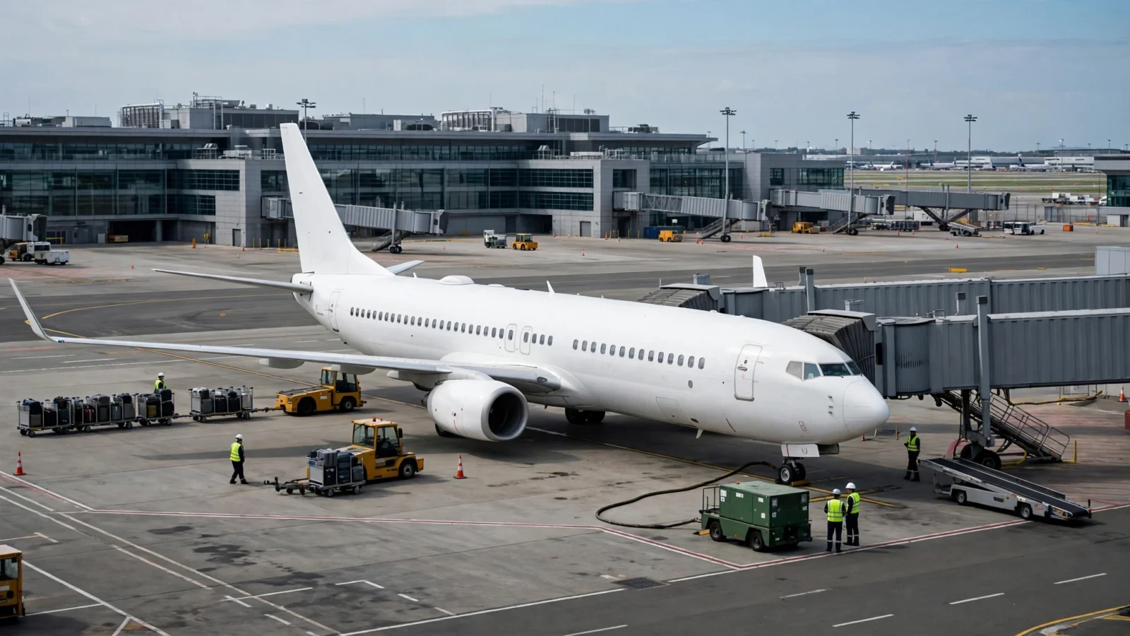 A white passenger airplane parked at an airport gate with ground crew vehicles nearby