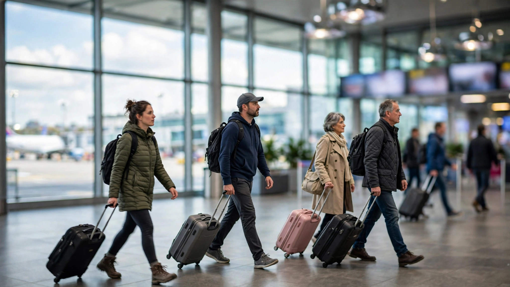 Travelers with rolling suitcases walking through an airport departure terminal