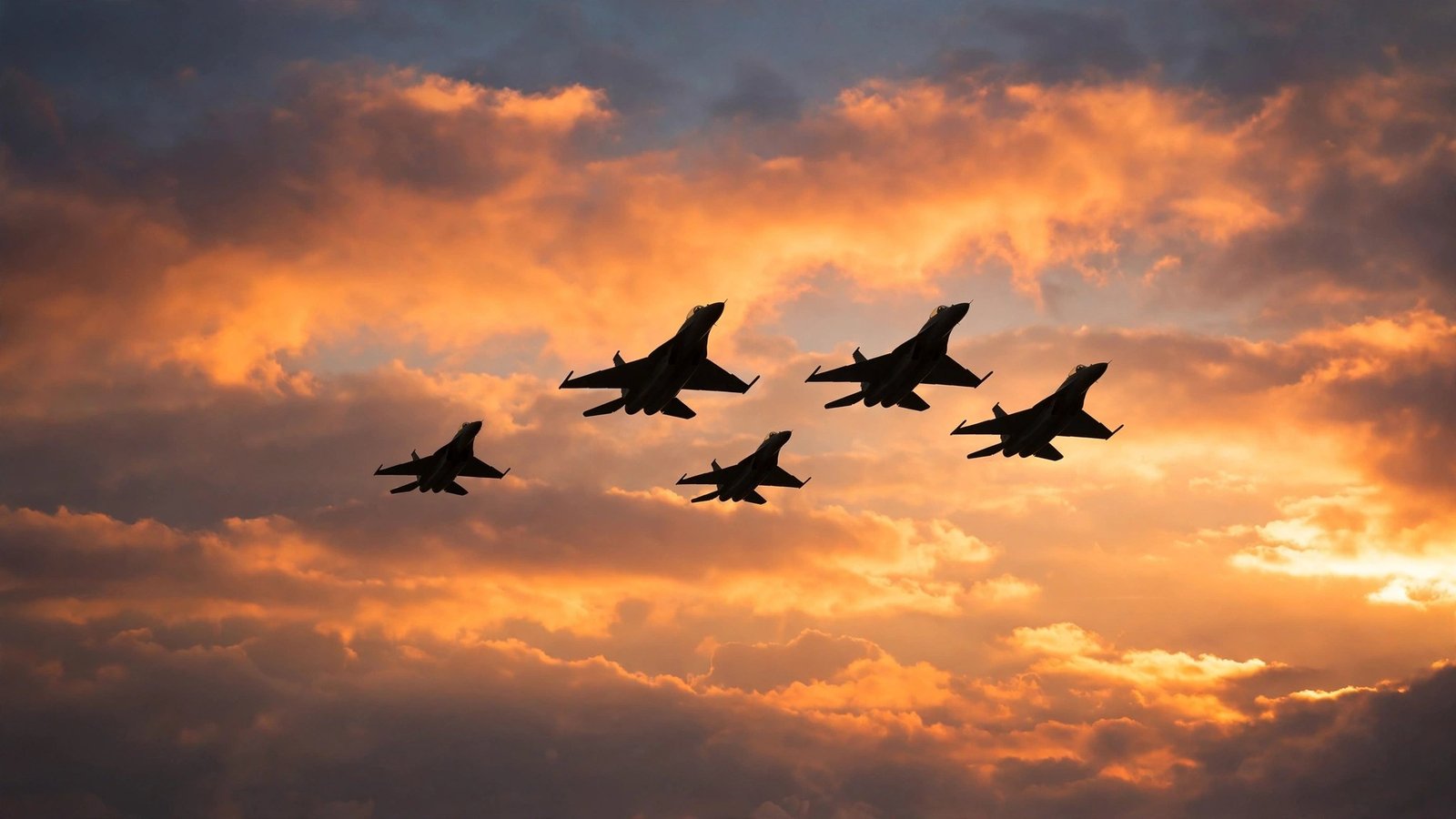 Five fighter jets flying in formation against an orange sunset sky