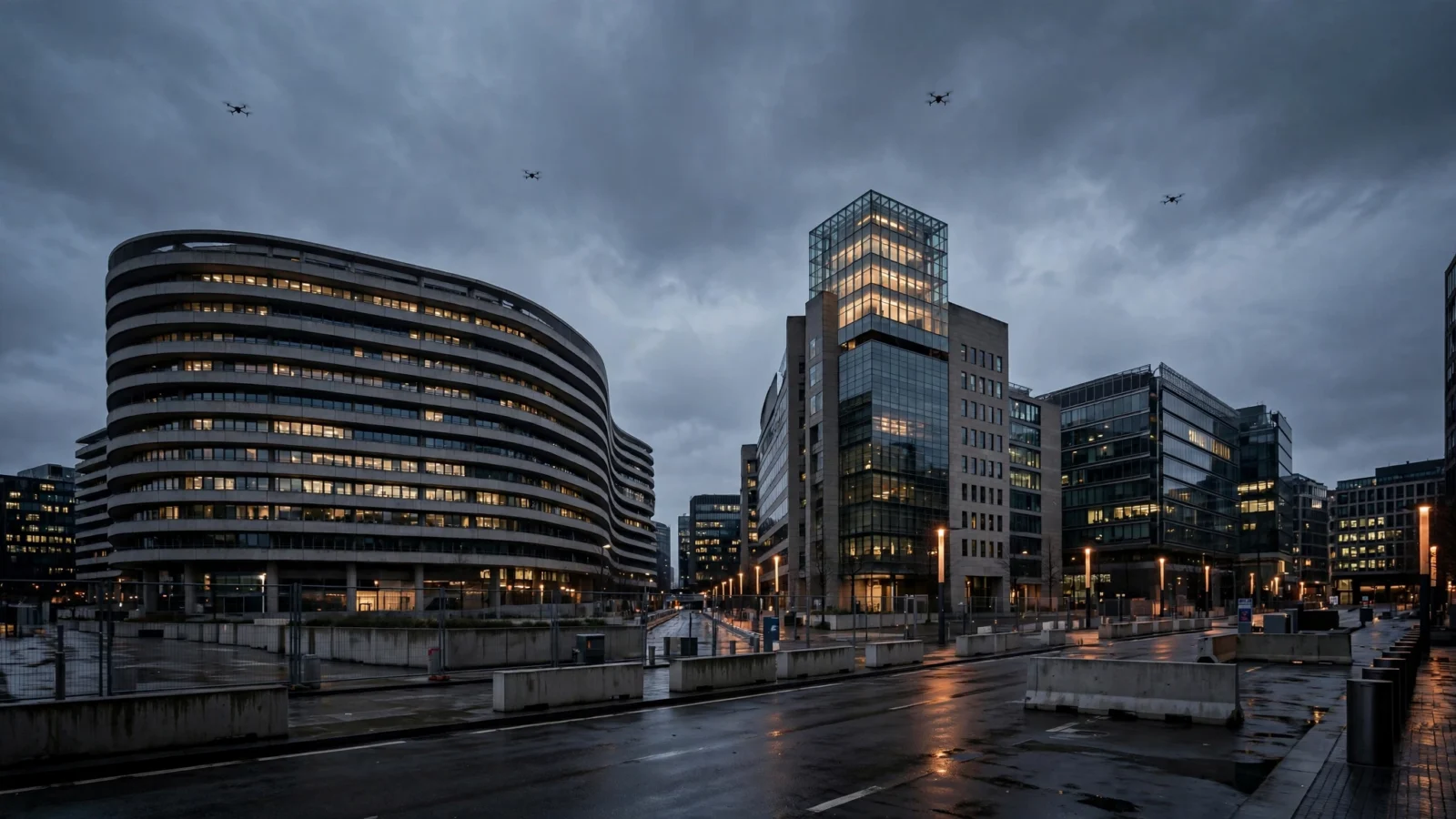 Government buildings in Brussels at dusk with small drones visible in a cloudy sky
