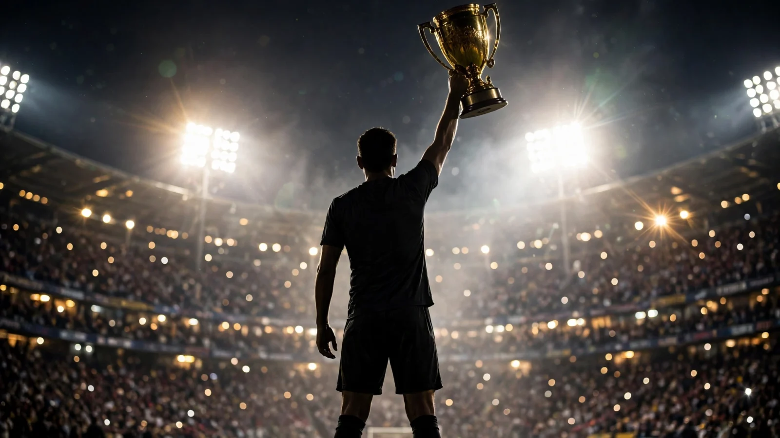 A soccer player seen from behind holding a gold trophy above his head in a floodlit stadium at night