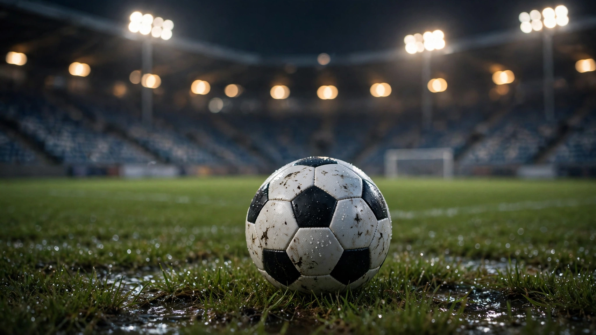 A soccer ball on wet grass on a soccer pitch at night, with stadium floodlights in the background