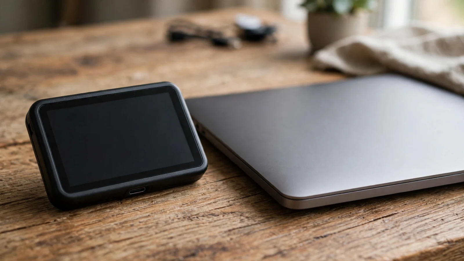 A small black hardware wallet device with a blank dark screen on a wooden desk next to a closed laptop.