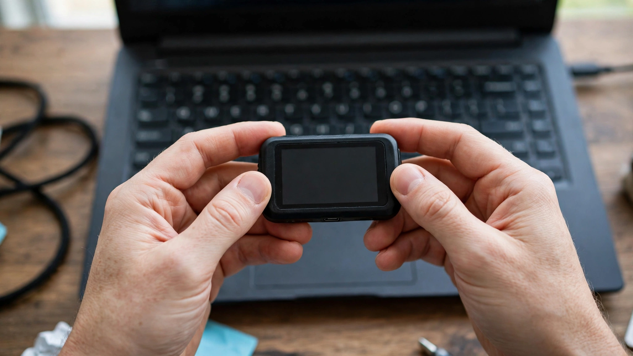 Two hands holding a small black electronic device with a blank dark screen in front of a laptop keyboard.