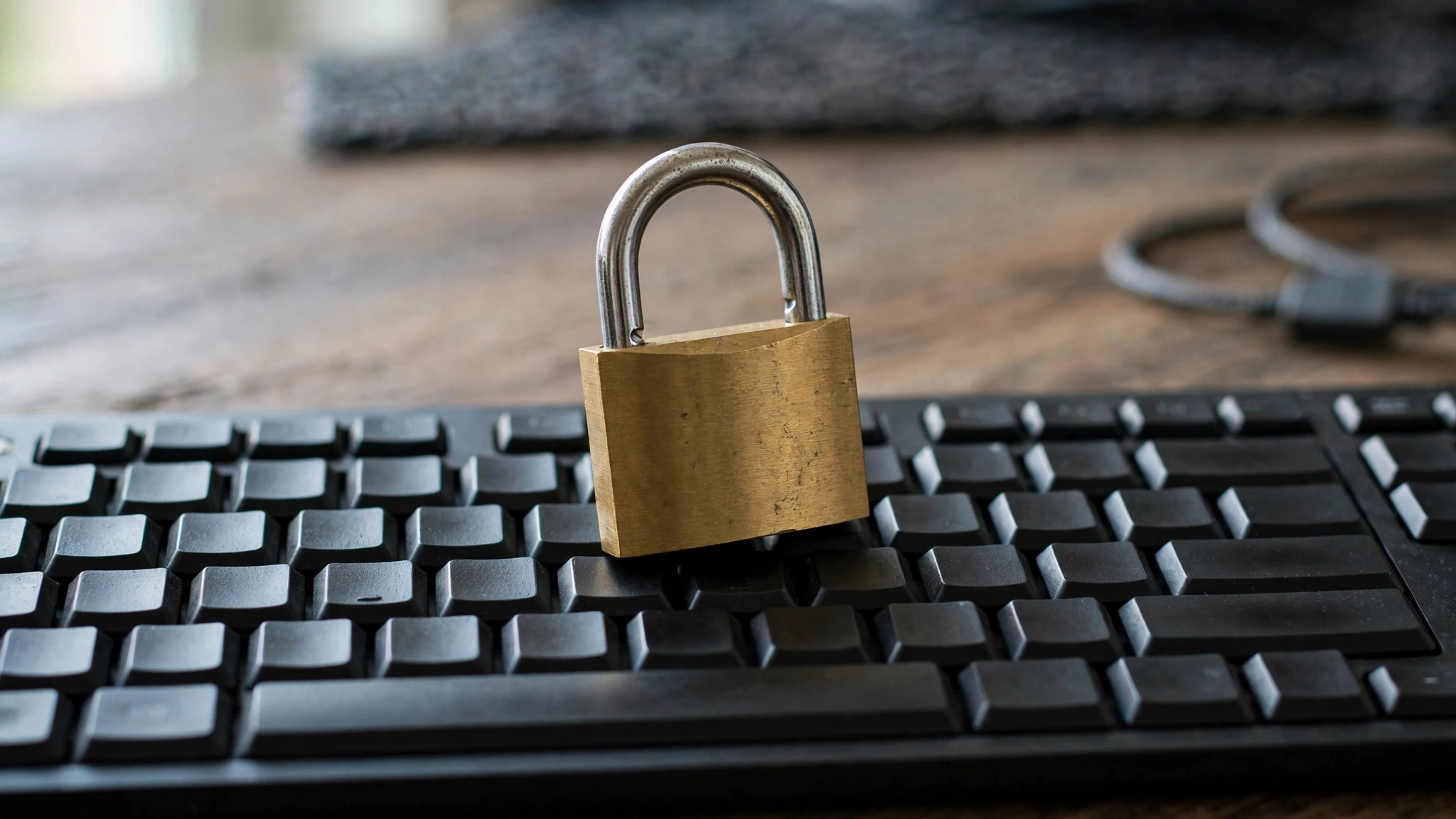 A brass padlock resting on a black computer keyboard.