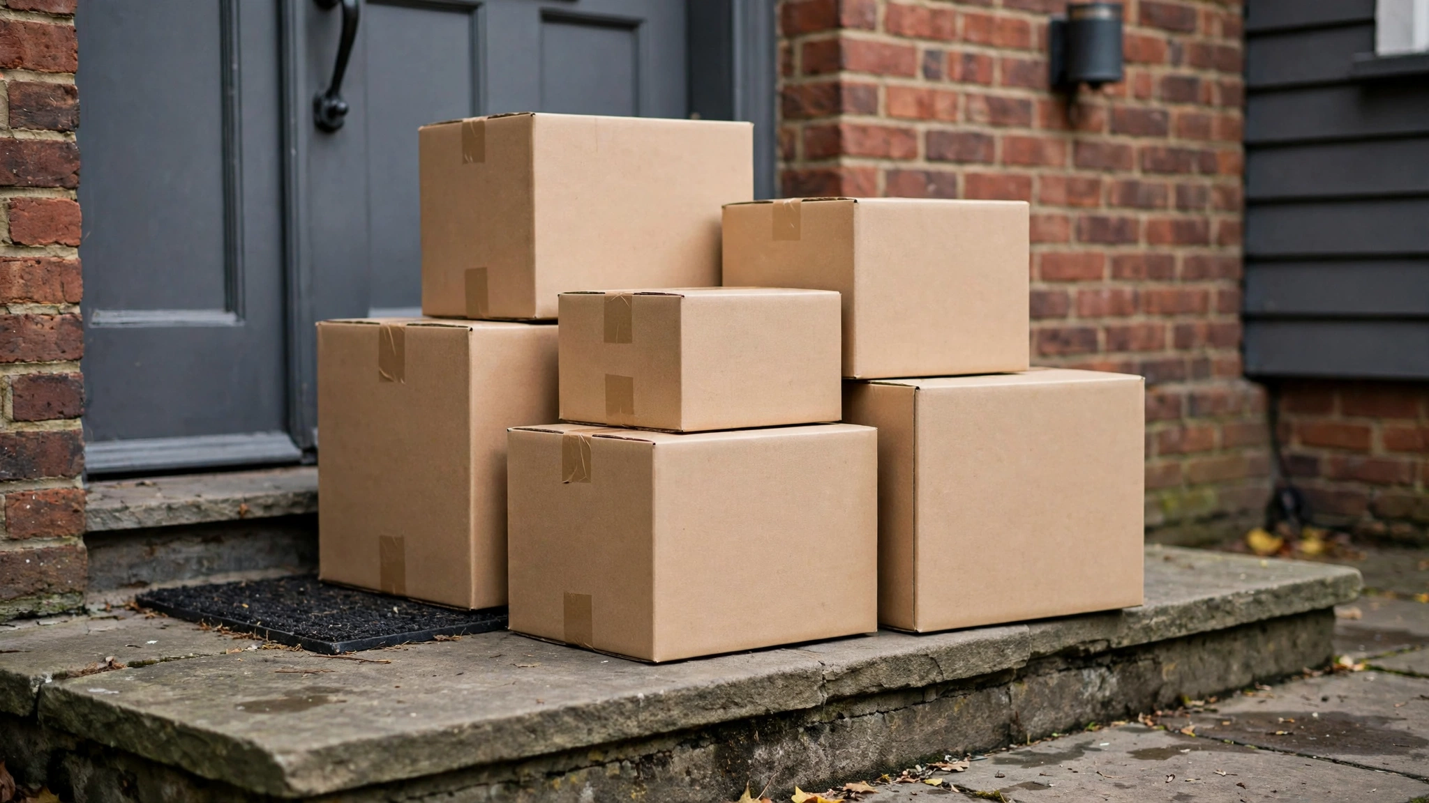 Plain brown cardboard shipping parcels stacked on a doorstep beside a front door.