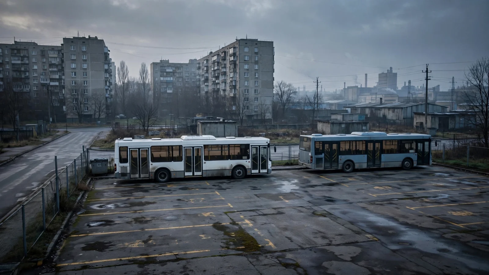 Two empty public buses parked in a wet lot in front of grey apartment blocks under an overcast sky