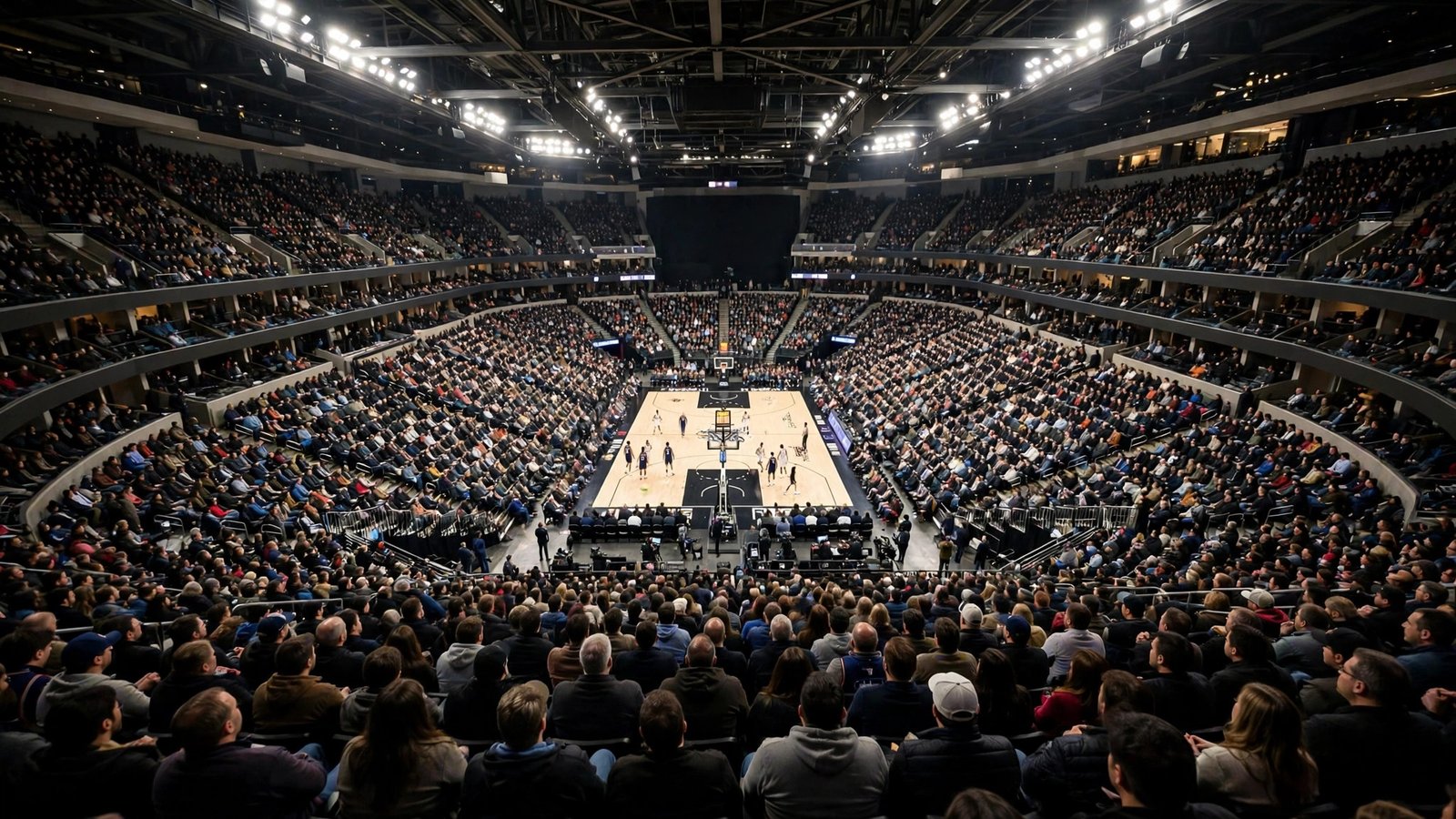 A crowded basketball arena viewed from the upper seats, with players on the court below