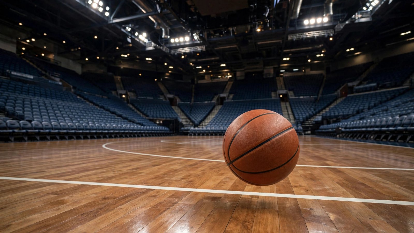 A basketball resting on a polished wooden court in an empty arena