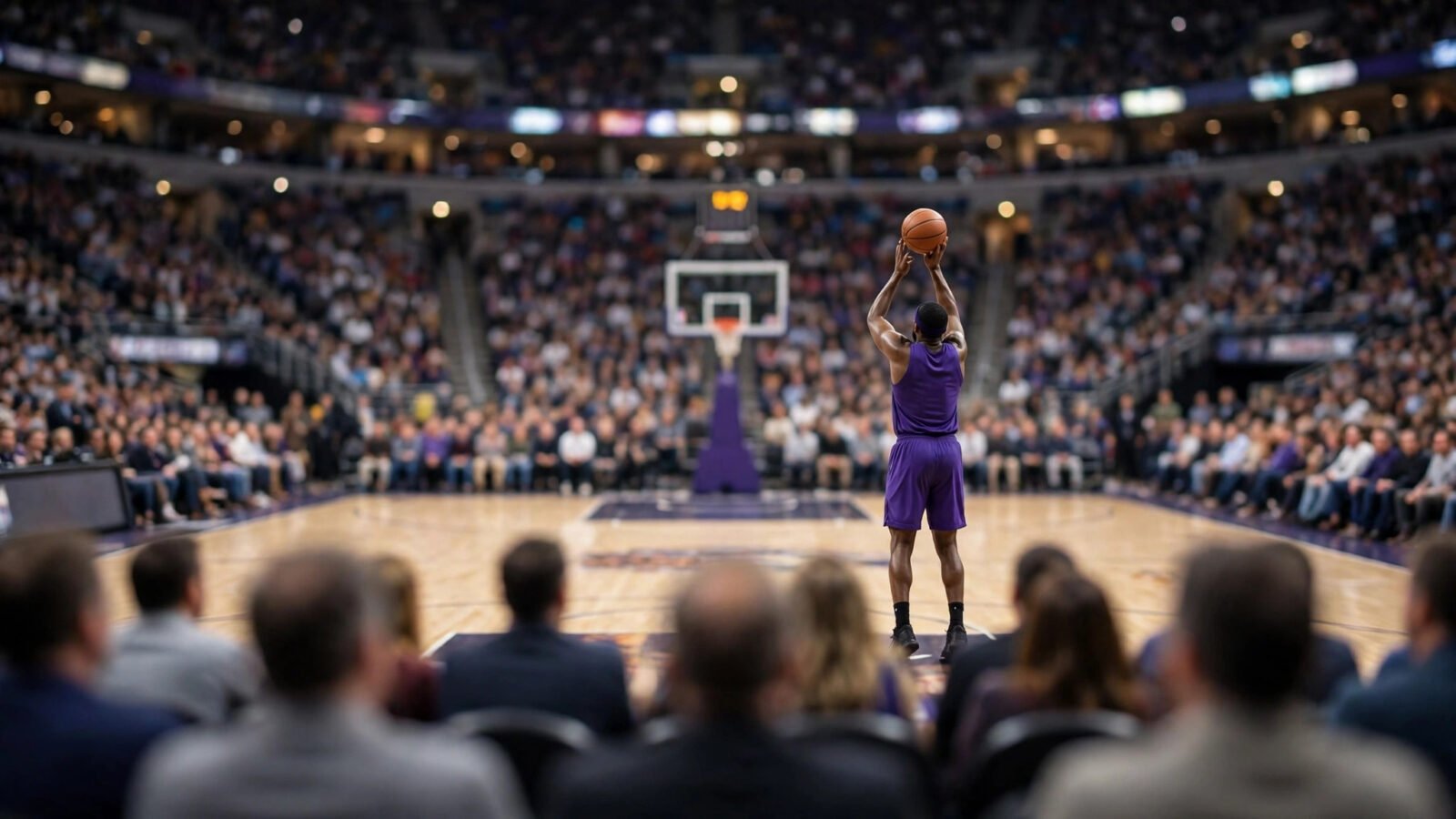 A basketball player in a purple uniform shooting a jump shot in a crowded arena, seen from behind